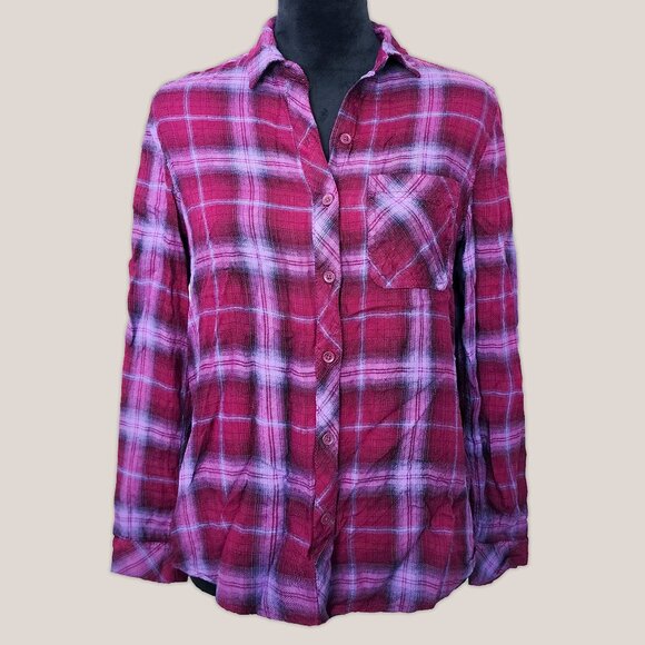BEACH LUNCH LOUNGE Plaid Button Down Shirt in Purple and Pink | Long Sleeve Top - Picture 2 of 7
